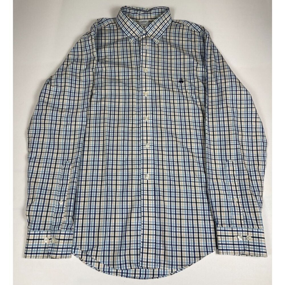 Brooks Brothers Shirt Large L Mens Non Iron Plaid Check Blue Tan Supima Cotton